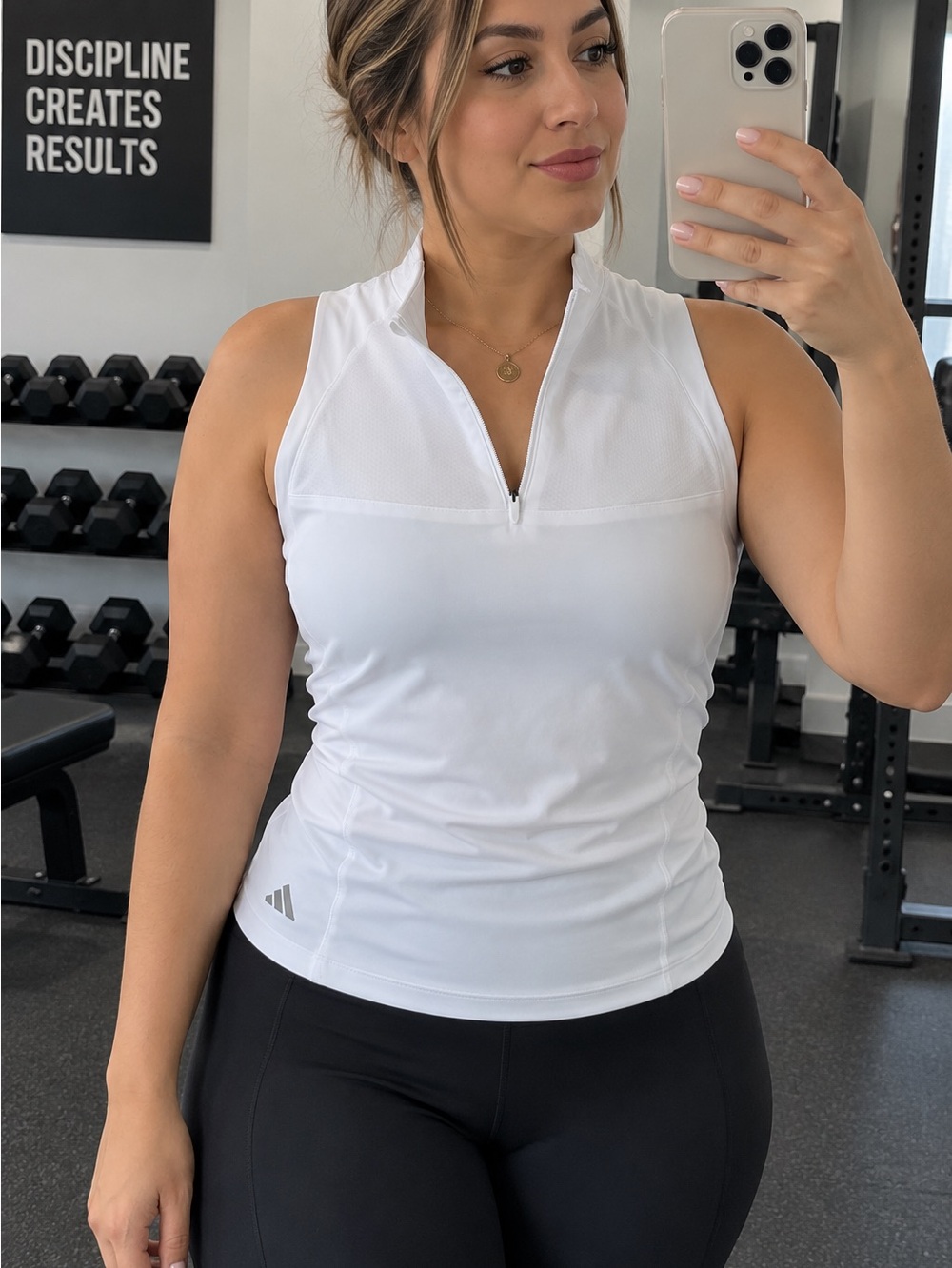 adidas White Sleeveless Zip-Front Athletic Tank